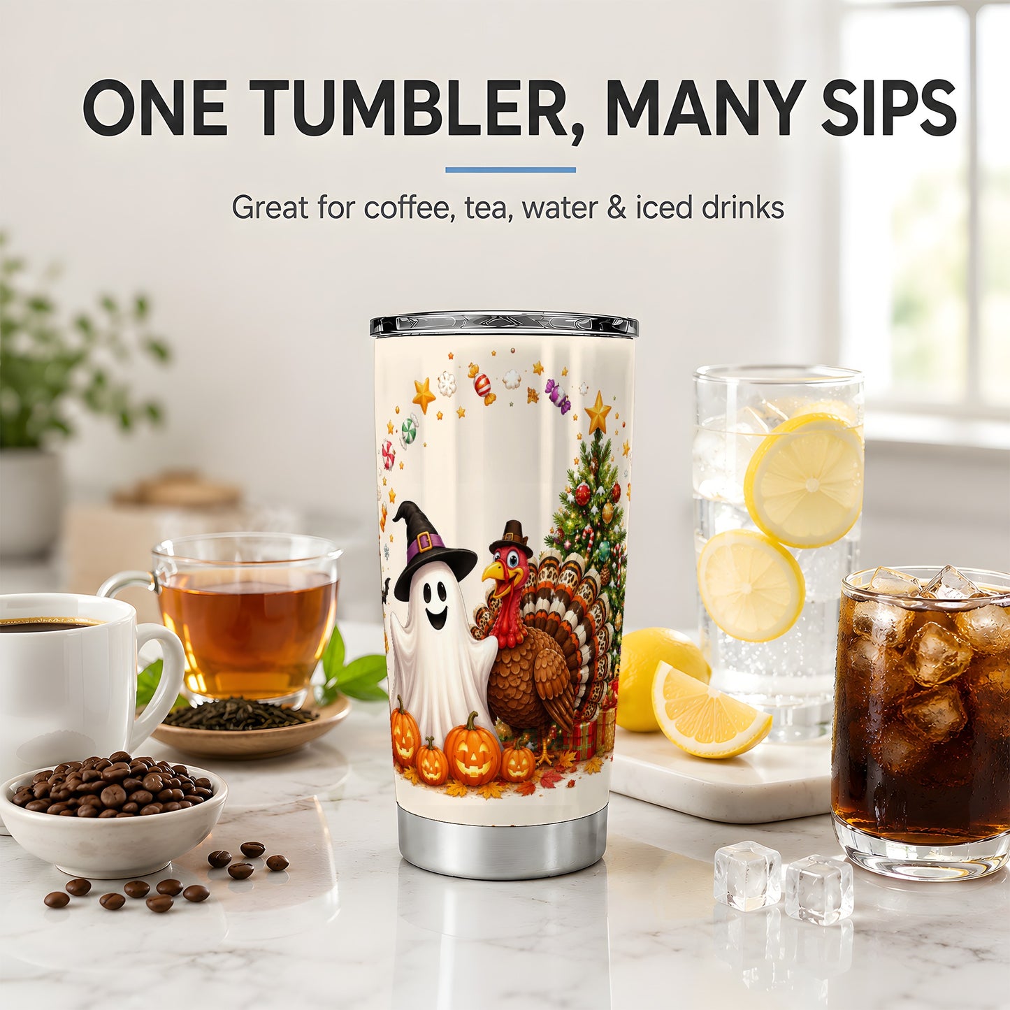 #pl[20oz|Steel] Festive Ghost Turkey 20oz Tumbler, Holiday Pumpkin Christmas Artwork