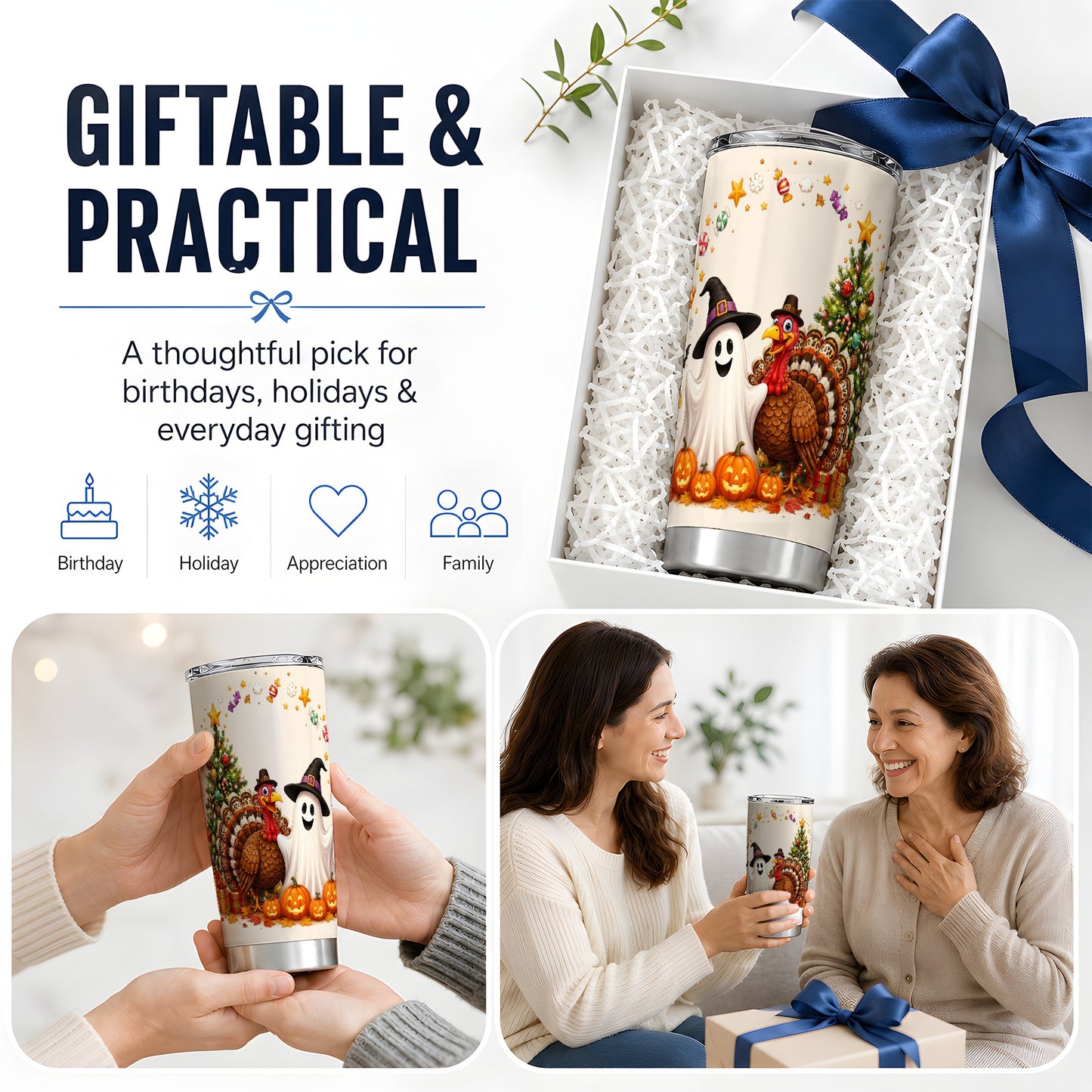 #pl[20oz|Steel] Festive Ghost Turkey 20oz Tumbler, Holiday Pumpkin Christmas Artwork