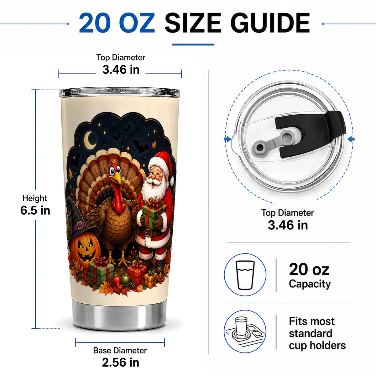 #pl[20oz|Steel] Turkey Santa Halloween 20oz Tumbler, Night Holiday Seasonal Artwork