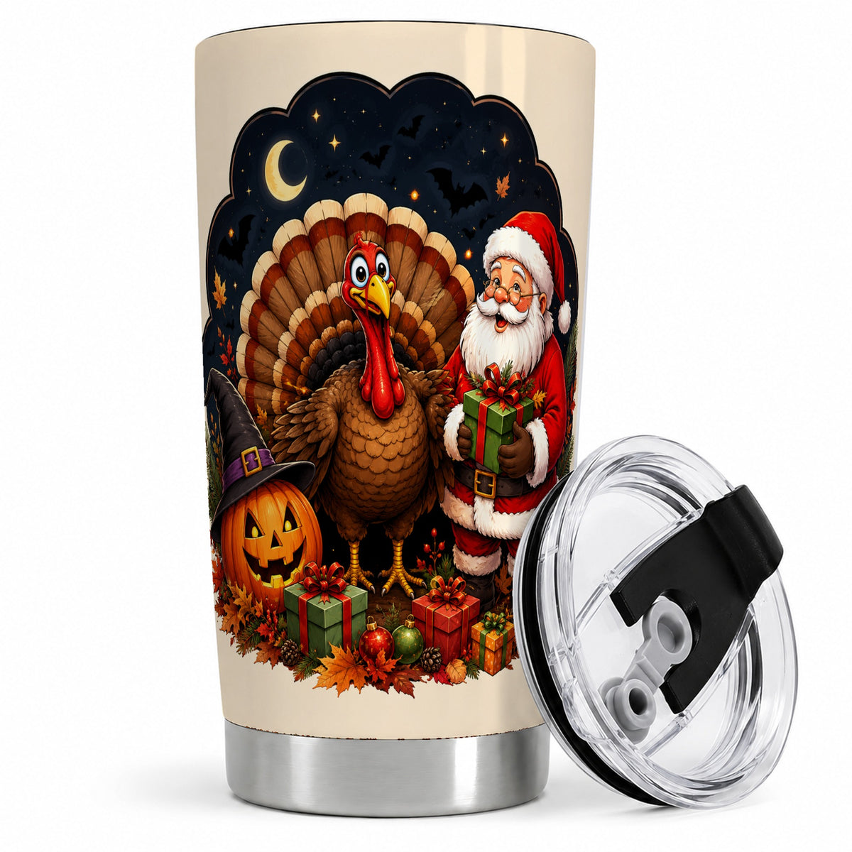 Turkey Santa Halloween 20oz Tumbler, Night Holiday Seasonal Artwork