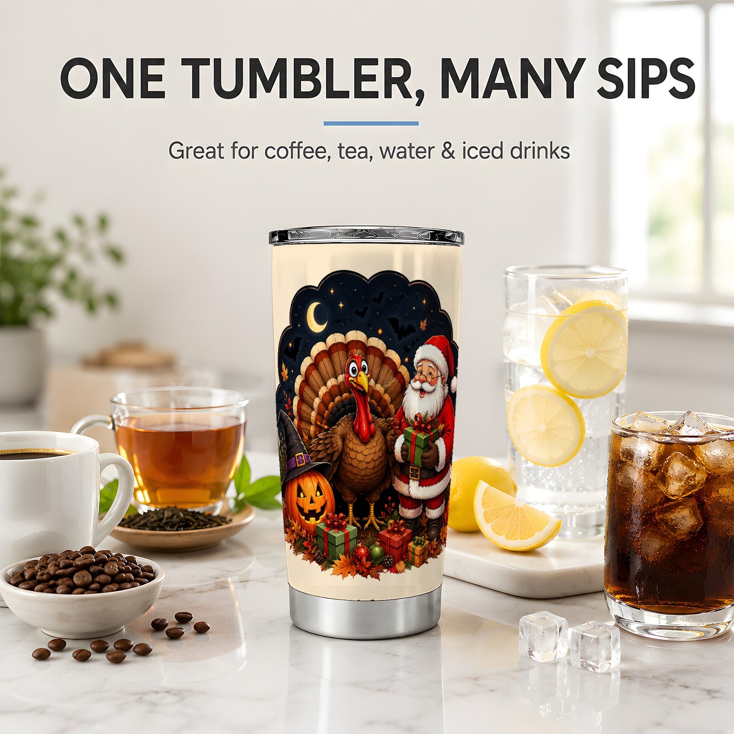#pl[20oz|Steel] Turkey Santa Halloween 20oz Tumbler, Night Holiday Seasonal Artwork