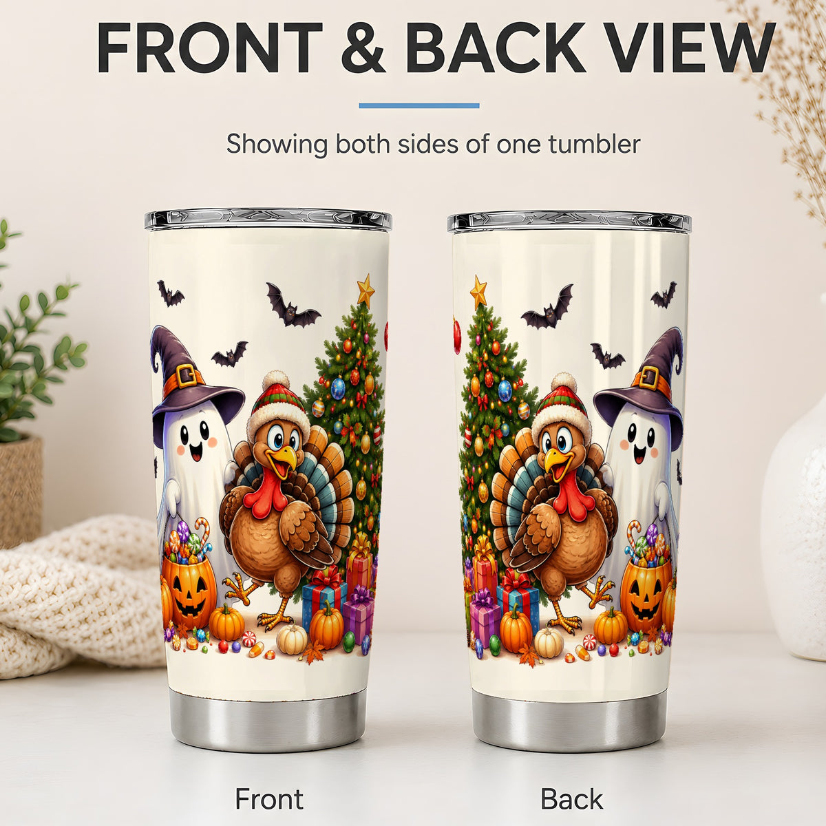 #pl[20oz|Steel] Ghost Turkey Christmas 20oz Tumbler, Halloween Holiday Seasonal Artwork