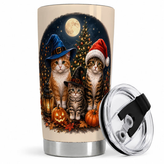 Witch Santa Cats 20oz Tumbler, Halloween Christmas Seasonal Artwork