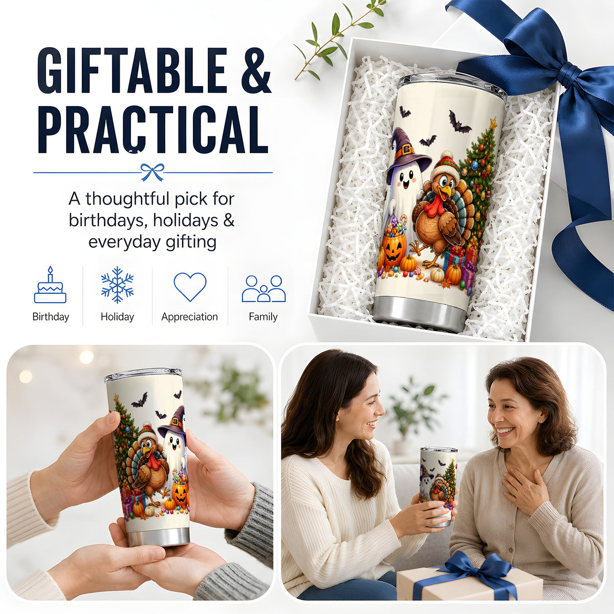 #pl[20oz|Steel] Ghost Turkey Christmas 20oz Tumbler, Halloween Holiday Seasonal Artwork