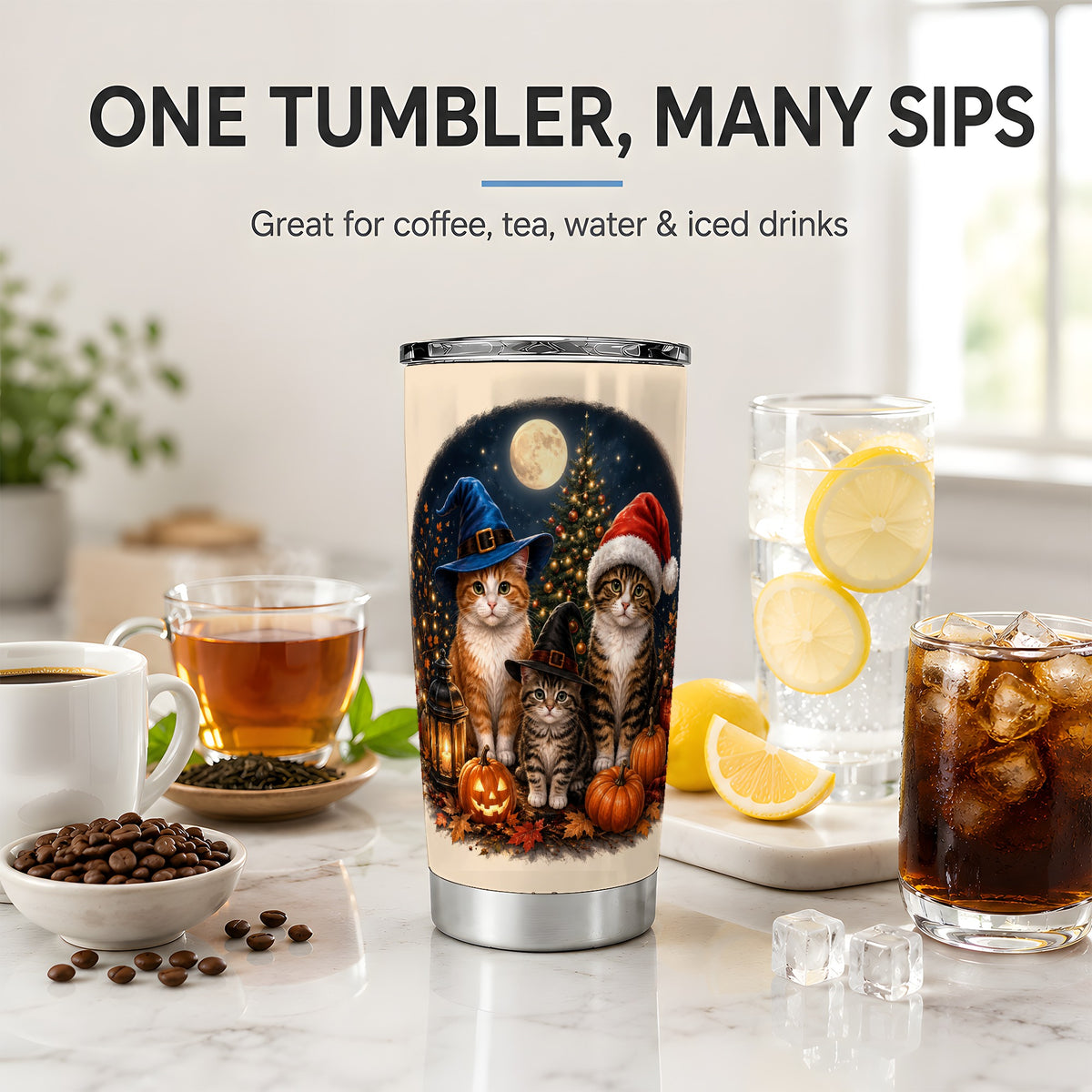 #pl[20oz|Steel] Witch Santa Cats 20oz Tumbler, Halloween Christmas Seasonal Artwork