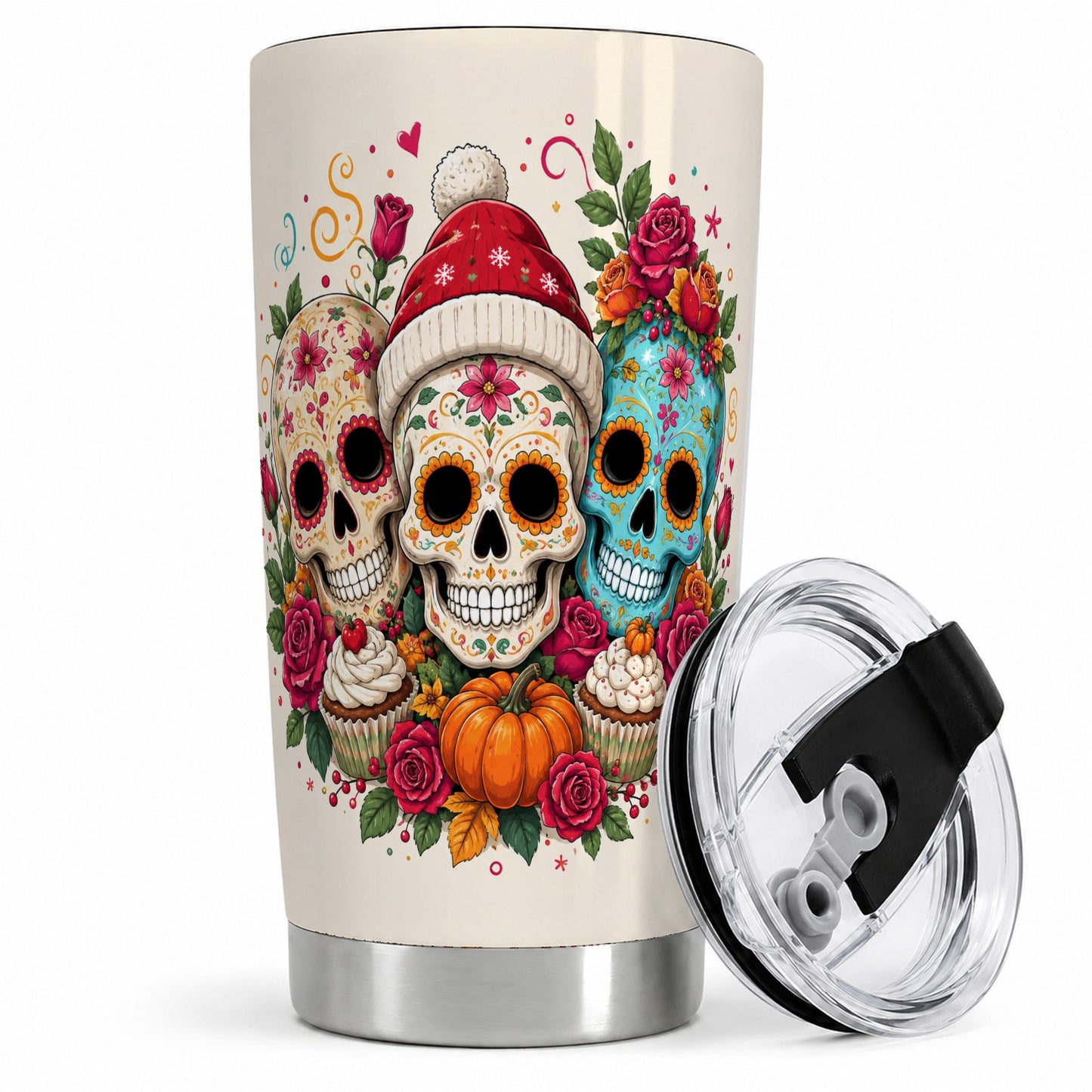 Floral Sugar Skulls 20oz Tumbler, Colorful Rose Garden Seasonal Art
