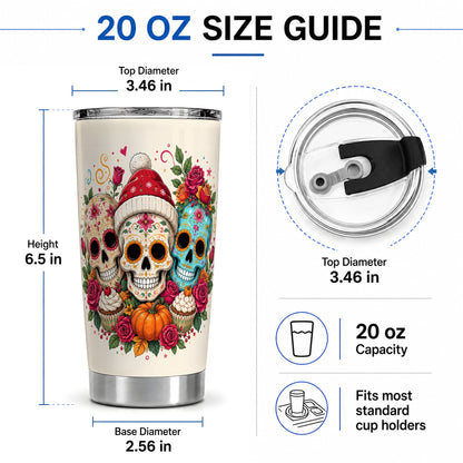 #pl[20oz|Steel] Floral Sugar Skulls 20oz Tumbler, Colorful Rose Garden Seasonal Art