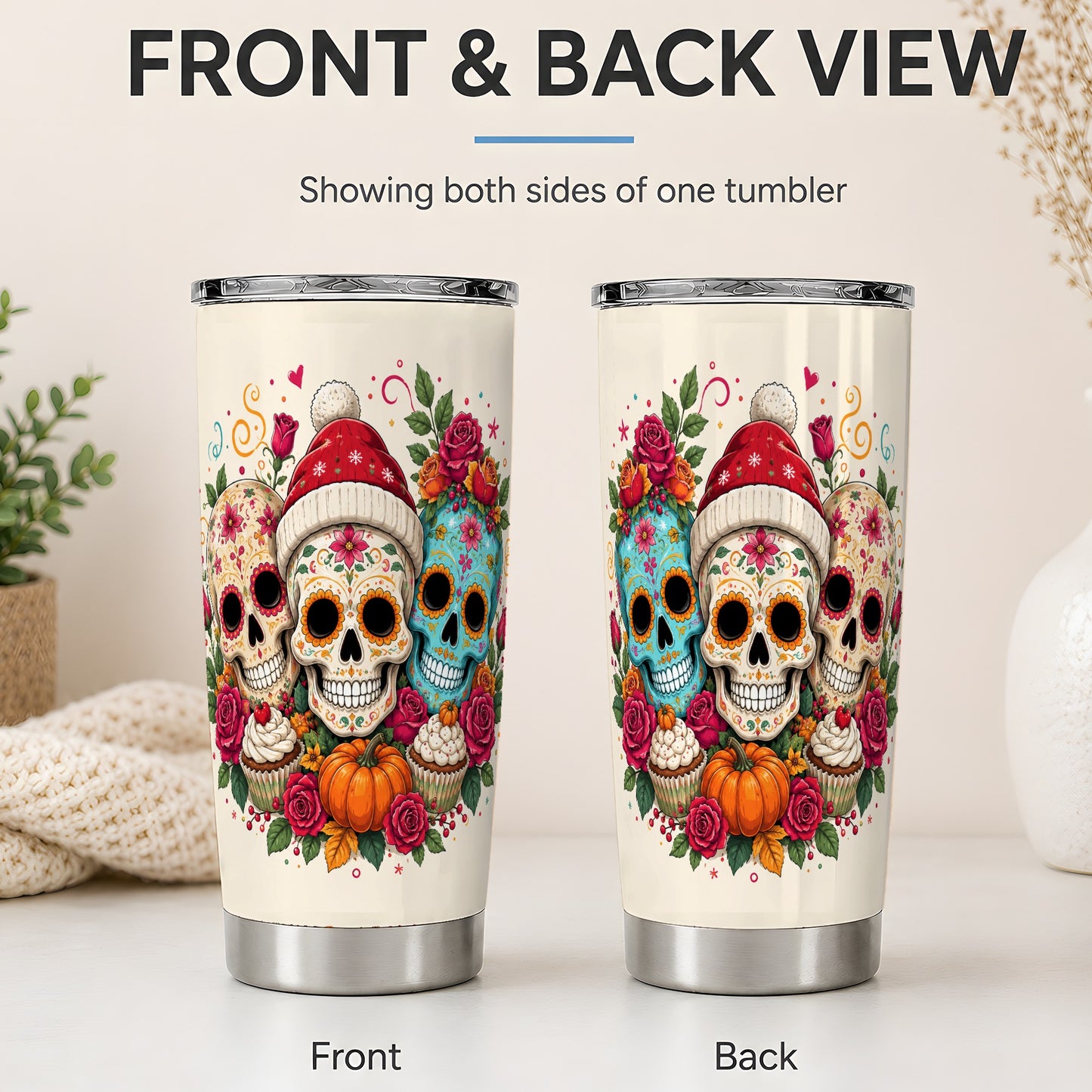 #pl[20oz|Steel] Floral Sugar Skulls 20oz Tumbler, Colorful Rose Garden Seasonal Art