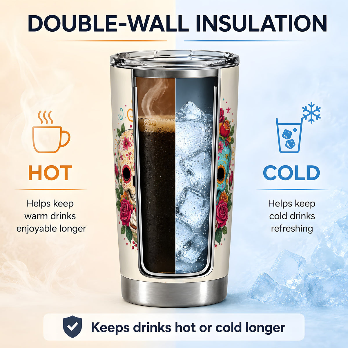 #pl[20oz|Steel] Floral Sugar Skulls 20oz Tumbler, Colorful Rose Garden Seasonal Art