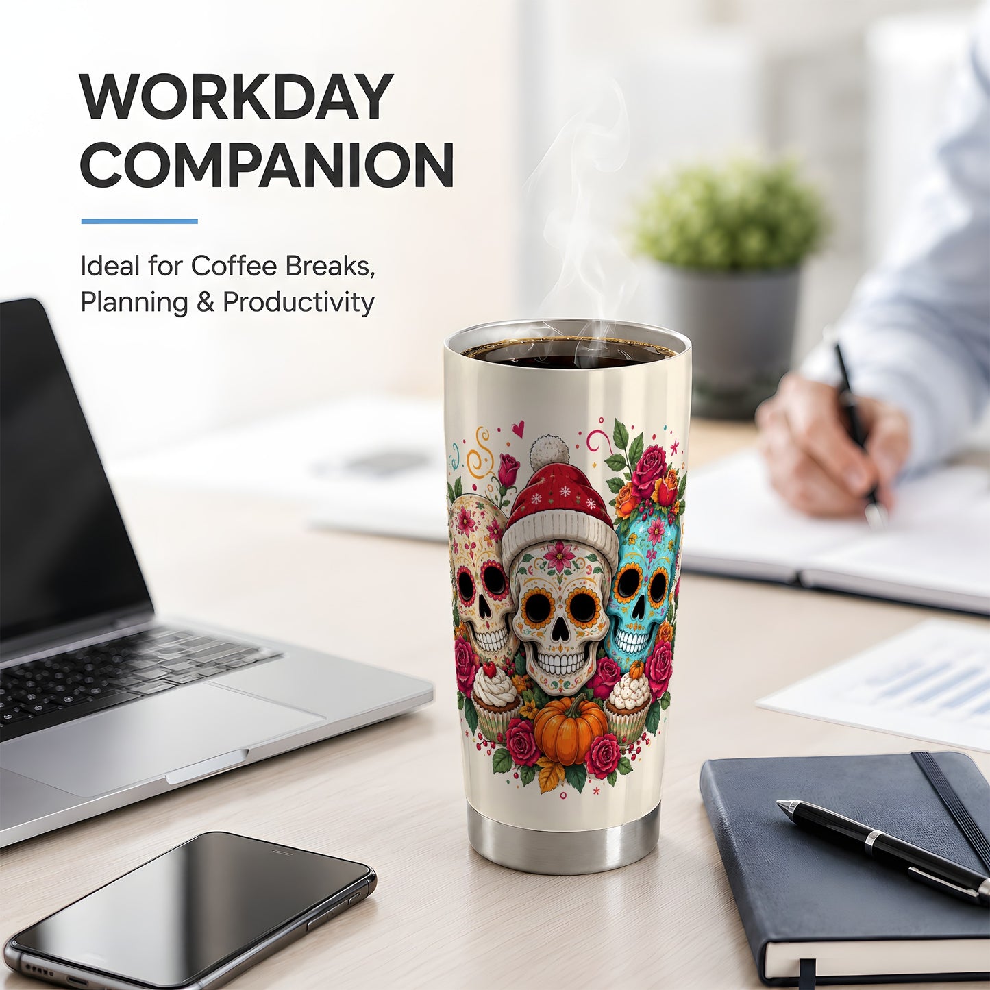 #pl[20oz|Steel] Floral Sugar Skulls 20oz Tumbler, Colorful Rose Garden Seasonal Art