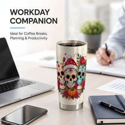 #pl[20oz|Steel] Floral Sugar Skulls 20oz Tumbler, Colorful Rose Garden Seasonal Art