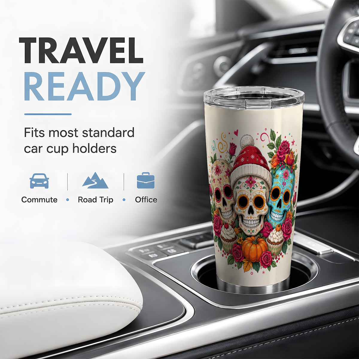 #pl[20oz|Steel] Floral Sugar Skulls 20oz Tumbler, Colorful Rose Garden Seasonal Art