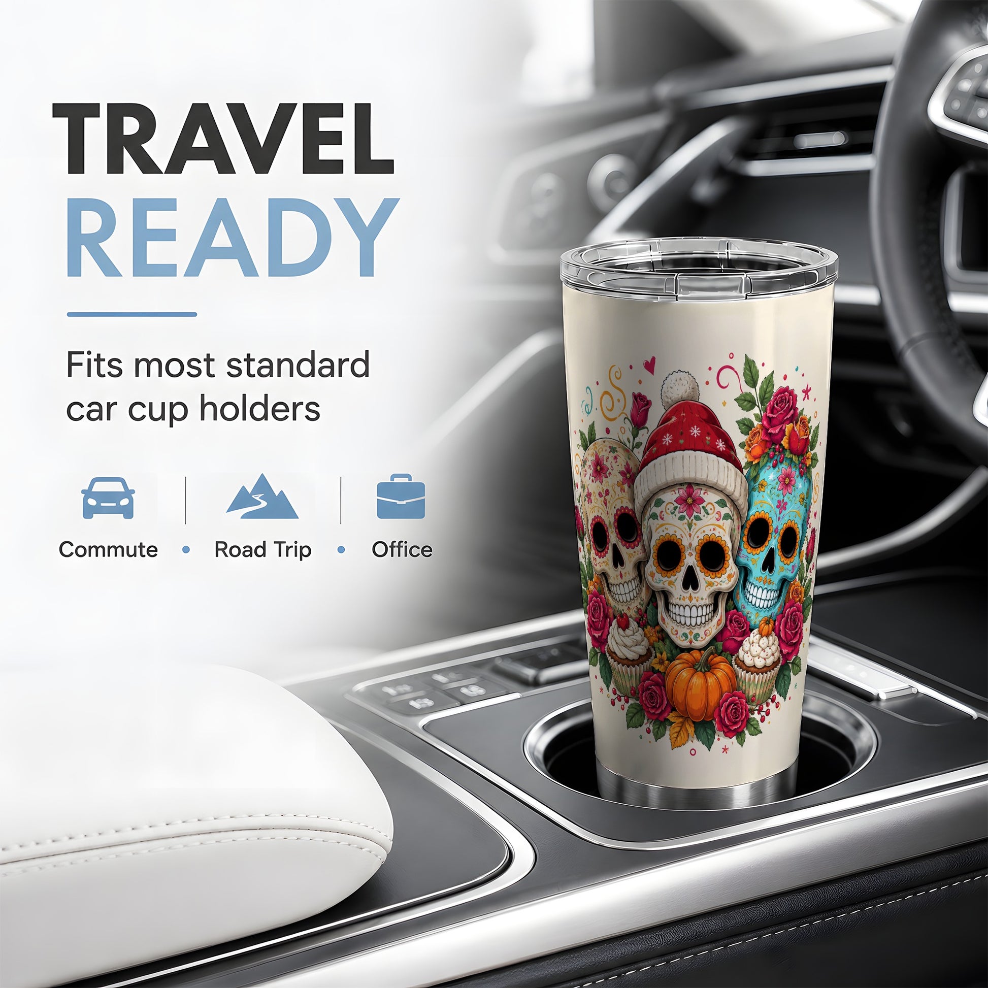 #pl[20oz|Steel] Floral Sugar Skulls 20oz Tumbler, Colorful Rose Garden Seasonal Art