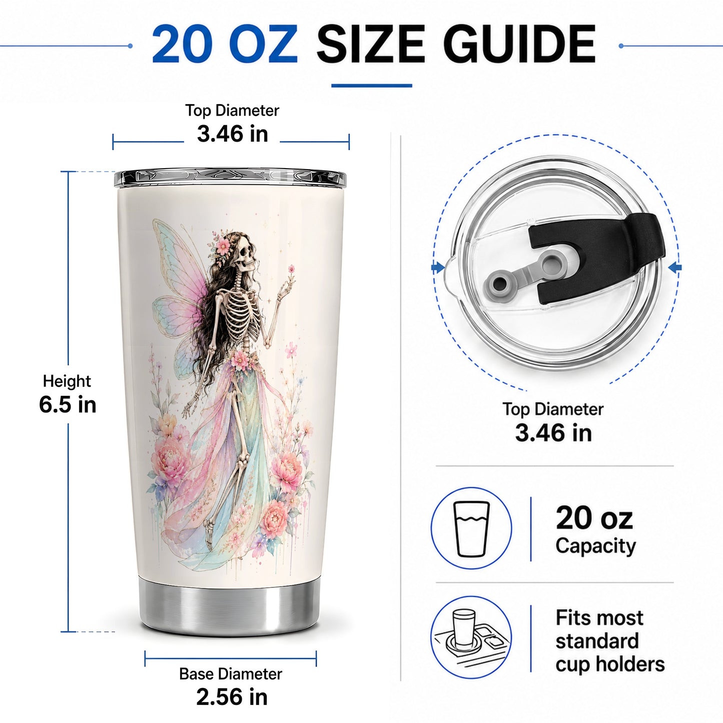 #pl[20oz|Steel] Skeleton Fairy 20oz Tumbler, Pastel Floral Gothic Fantasy Artwork