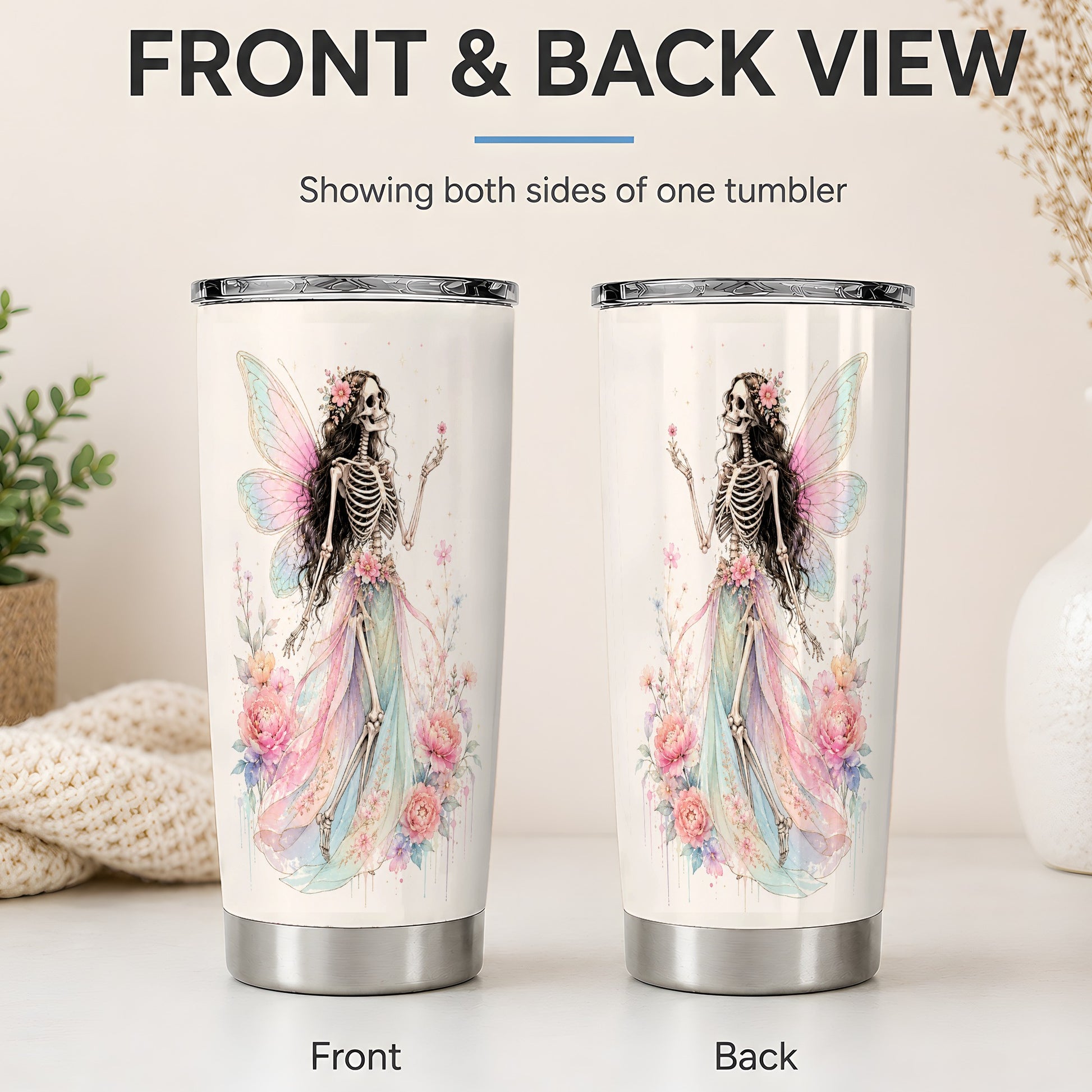 #pl[20oz|Steel] Skeleton Fairy 20oz Tumbler, Pastel Floral Gothic Fantasy Artwork