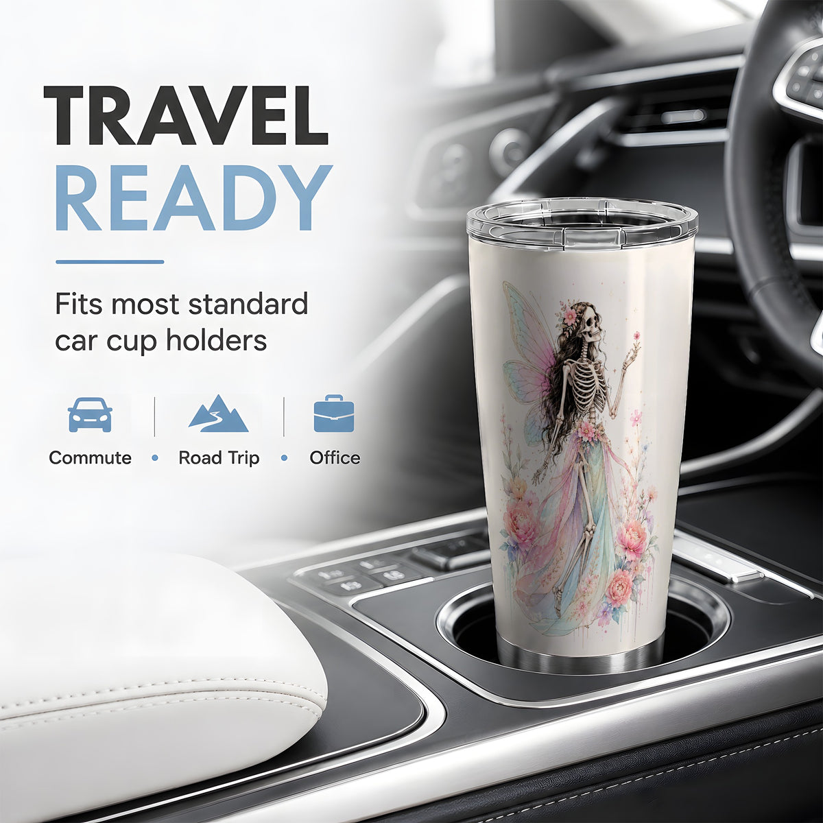 #pl[20oz|Steel] Skeleton Fairy 20oz Tumbler, Pastel Floral Gothic Fantasy Artwork