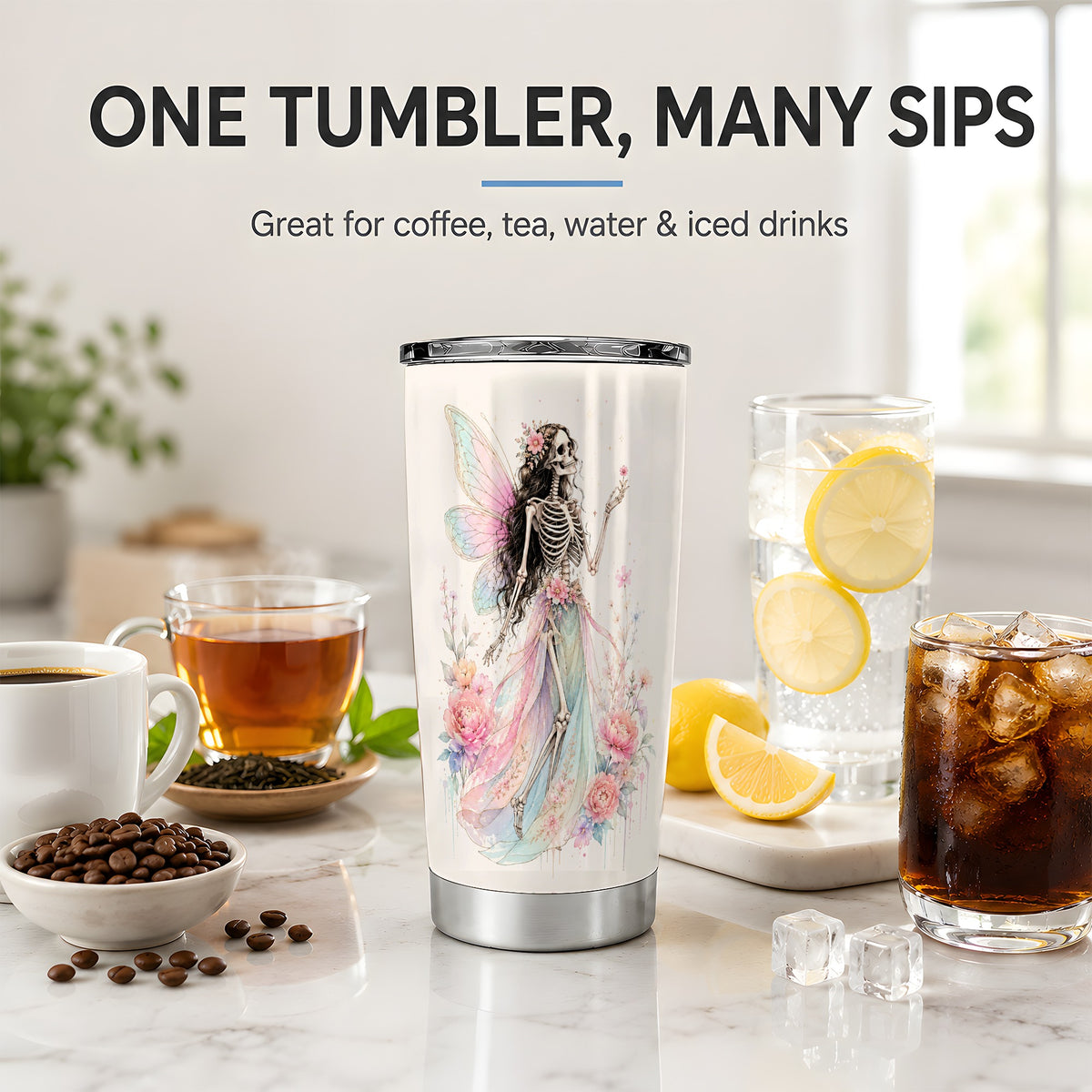 #pl[20oz|Steel] Skeleton Fairy 20oz Tumbler, Pastel Floral Gothic Fantasy Artwork