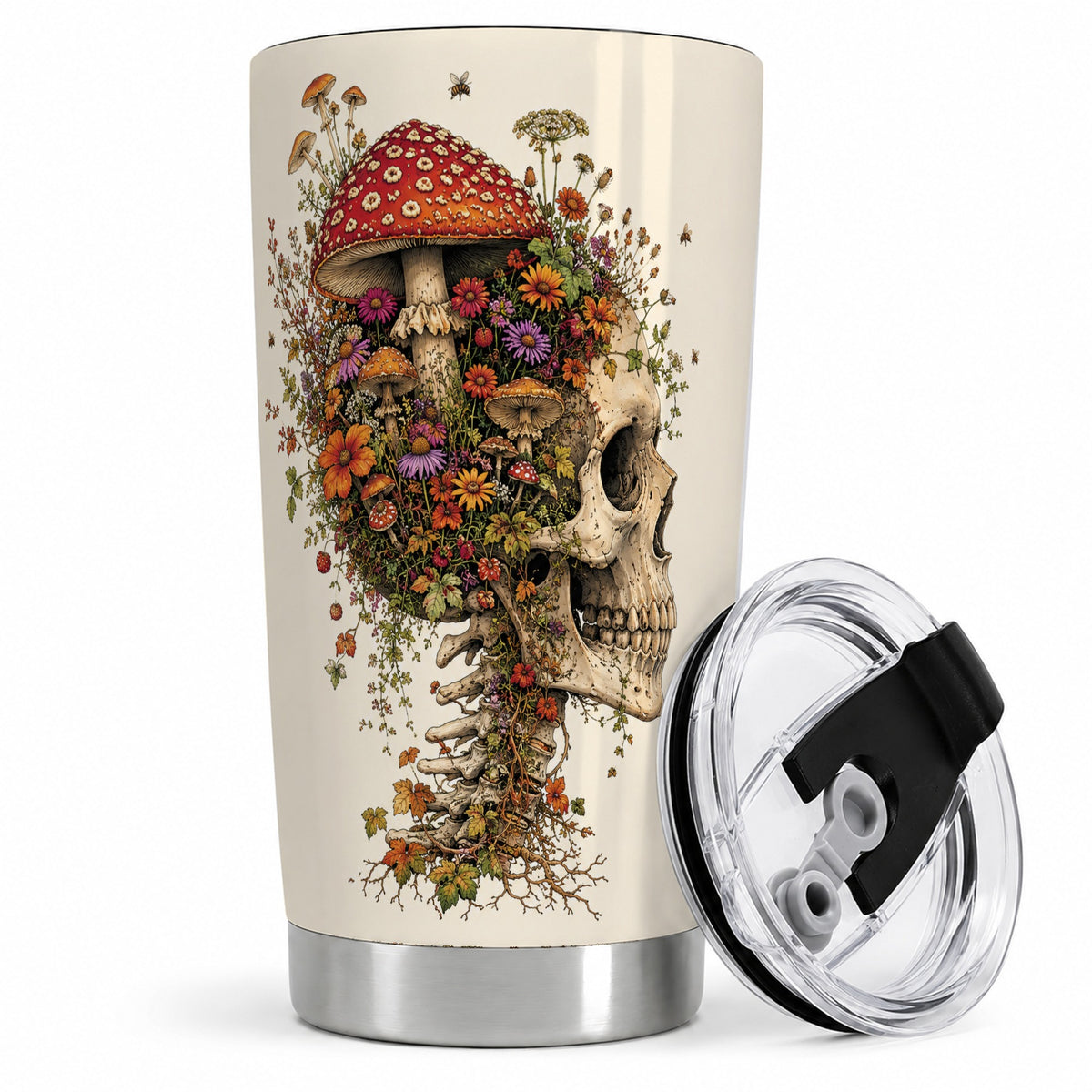 Mushroom Skull 20oz Tumbler, Botanical Wildflower Autumn Seasonal Art
