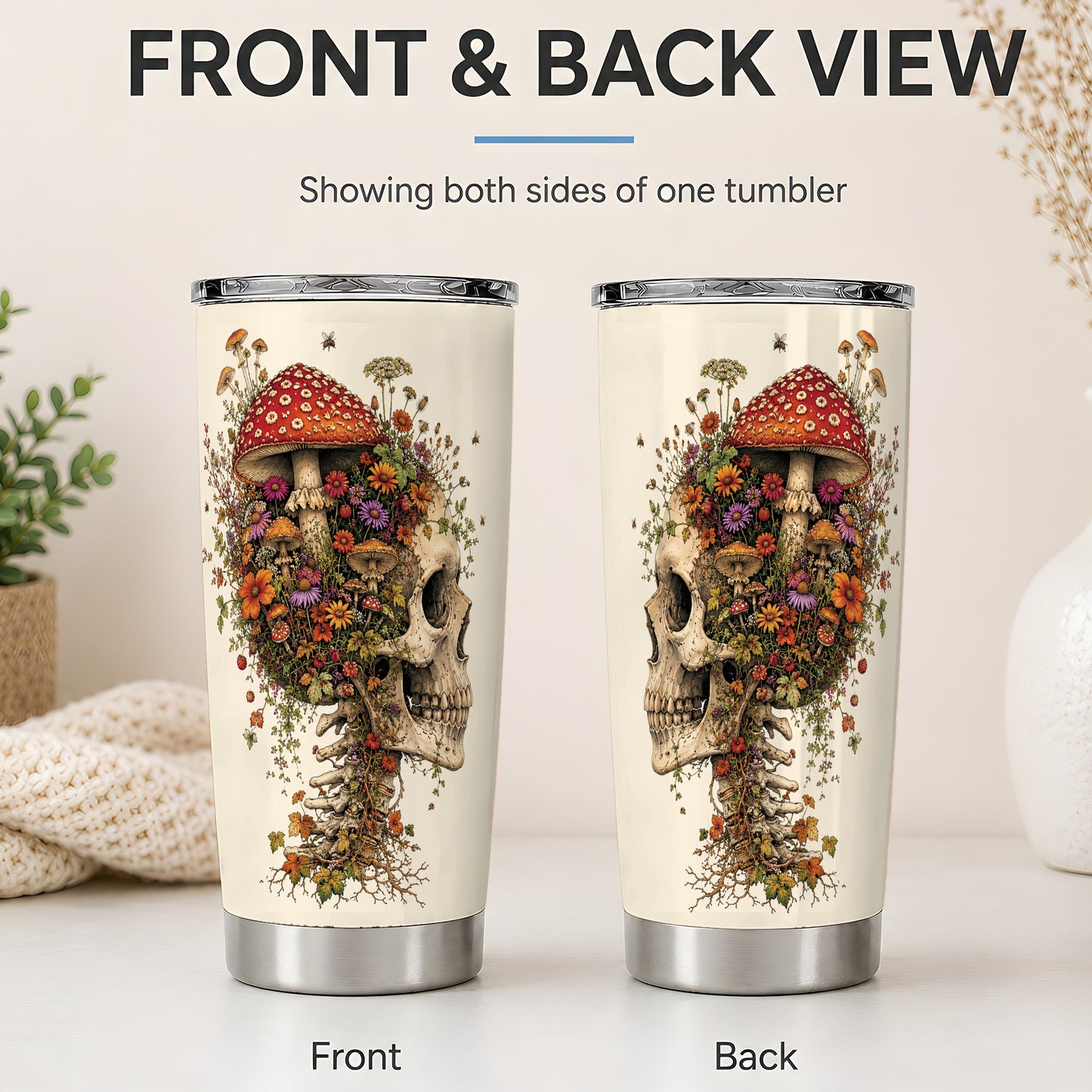 #pl[20oz|Steel] Mushroom Skull 20oz Tumbler, Botanical Wildflower Autumn Seasonal Art