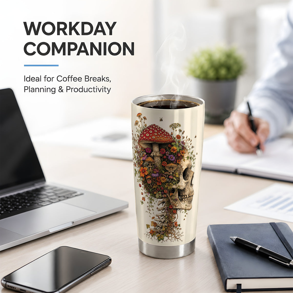 #pl[20oz|Steel] Mushroom Skull 20oz Tumbler, Botanical Wildflower Autumn Seasonal Art