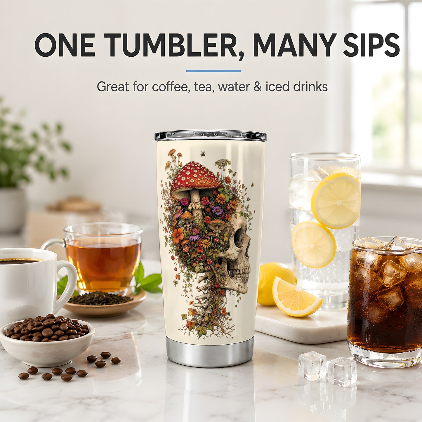 #pl[20oz|Steel] Mushroom Skull 20oz Tumbler, Botanical Wildflower Autumn Seasonal Art