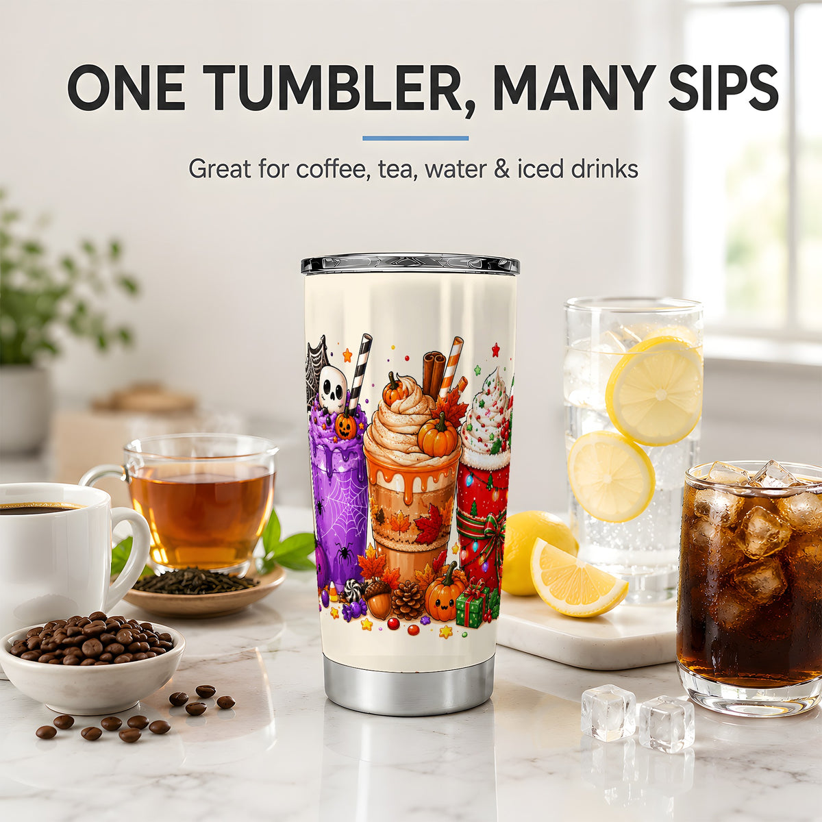 #pl[20oz|Steel] Seasonal Drinks 20oz Tumbler, Halloween Autumn Christmas Seasonal Art