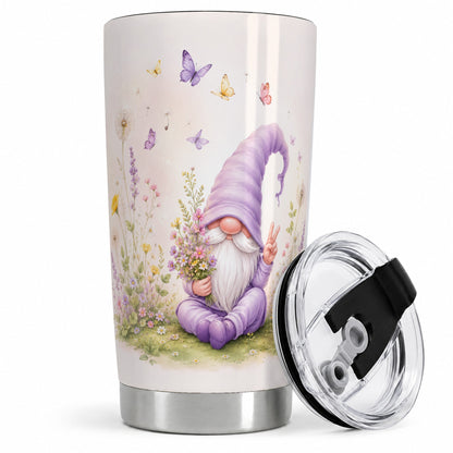 Purple Garden Gnome 20oz Tumbler, Wildflower Butterfly Garden Artwork