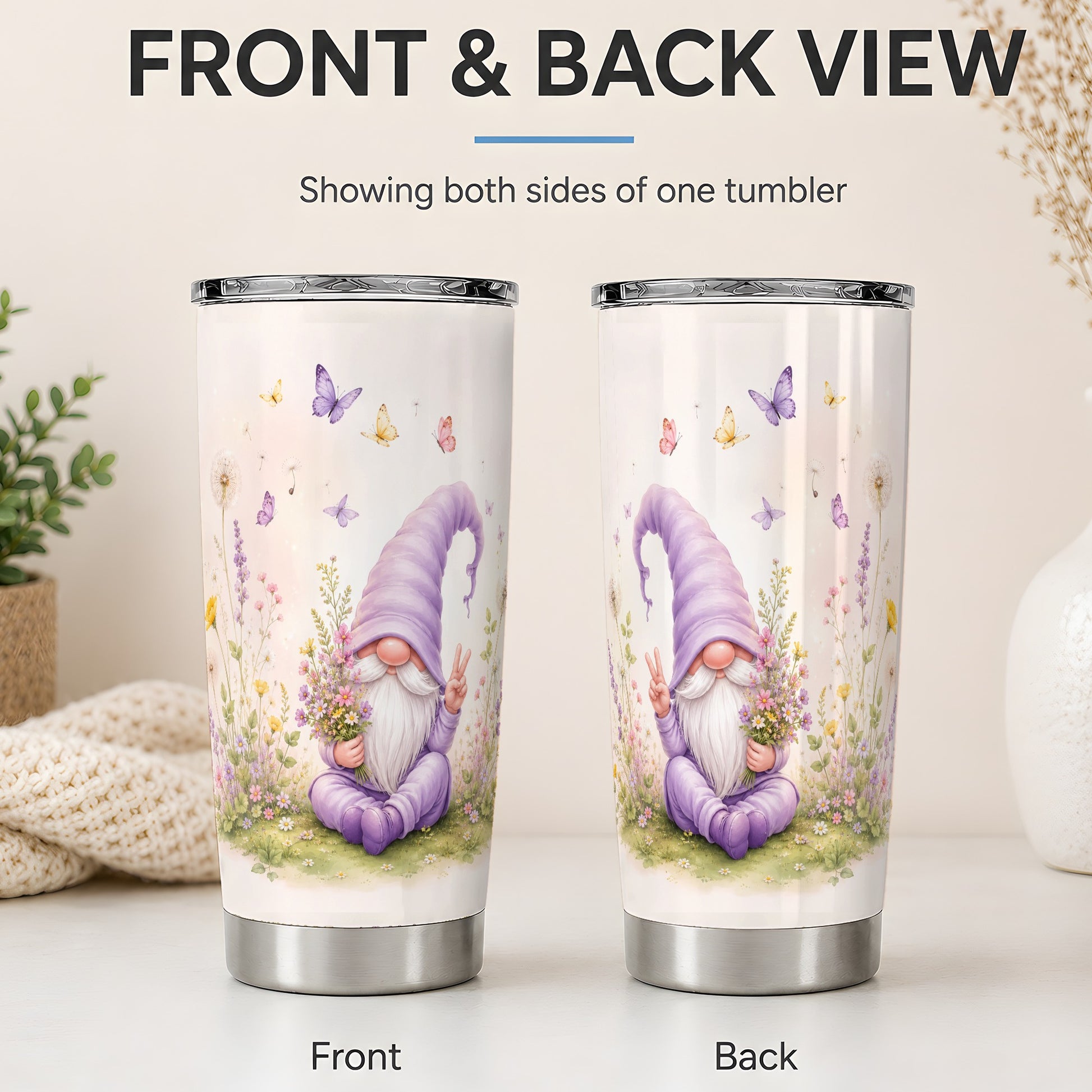 #pl[20oz|Steel] Purple Garden Gnome 20oz Tumbler, Wildflower Butterfly Garden Artwork