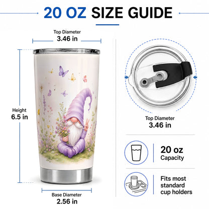 #pl[20oz|Steel] Purple Garden Gnome 20oz Tumbler, Wildflower Butterfly Garden Artwork