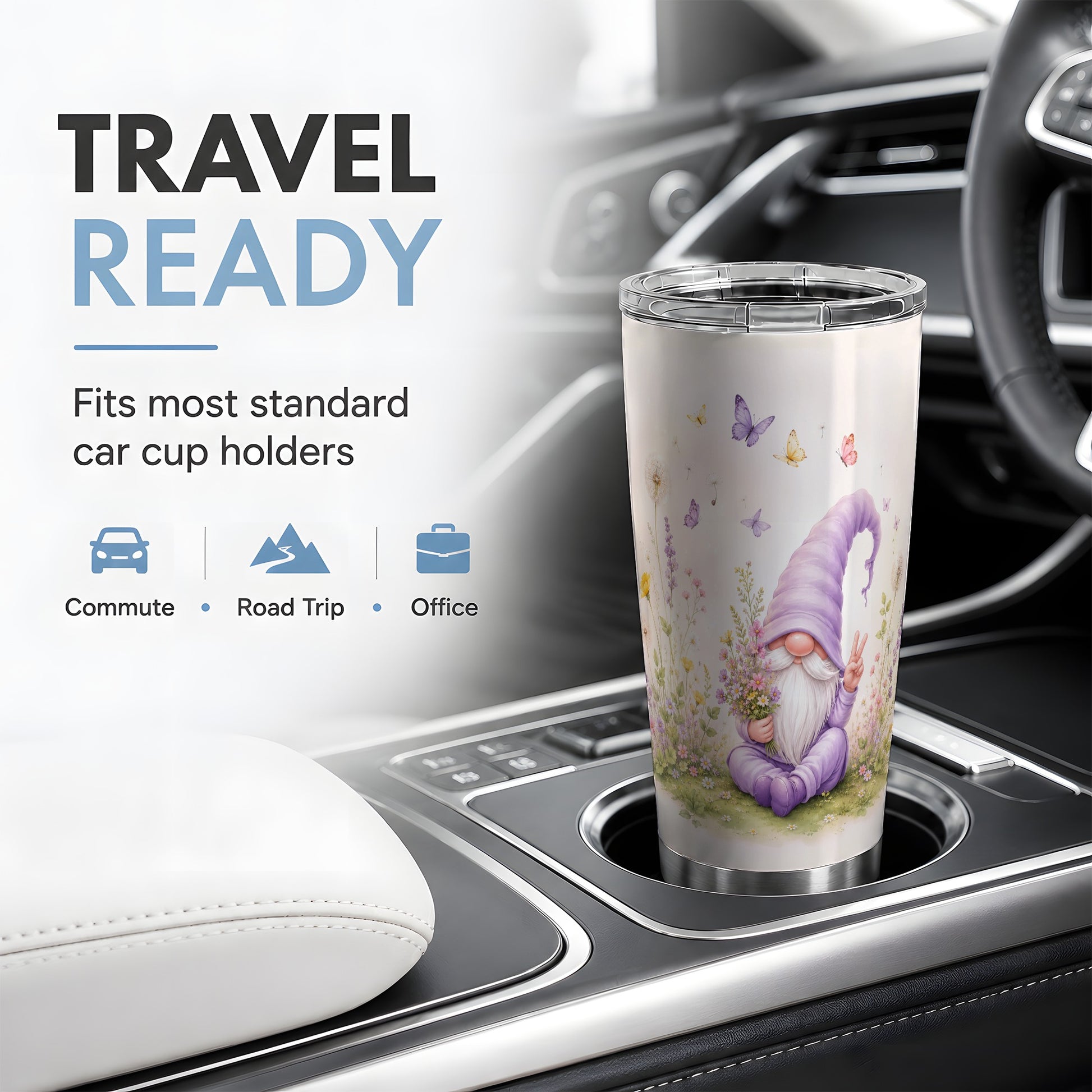 #pl[20oz|Steel] Purple Garden Gnome 20oz Tumbler, Wildflower Butterfly Garden Artwork