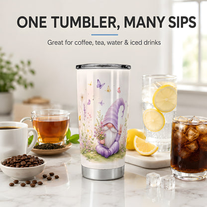 #pl[20oz|Steel] Purple Garden Gnome 20oz Tumbler, Wildflower Butterfly Garden Artwork