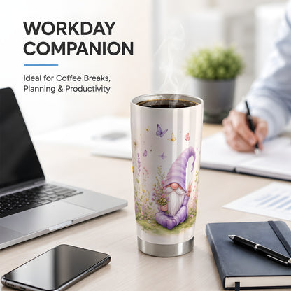 #pl[20oz|Steel] Purple Garden Gnome 20oz Tumbler, Wildflower Butterfly Garden Artwork
