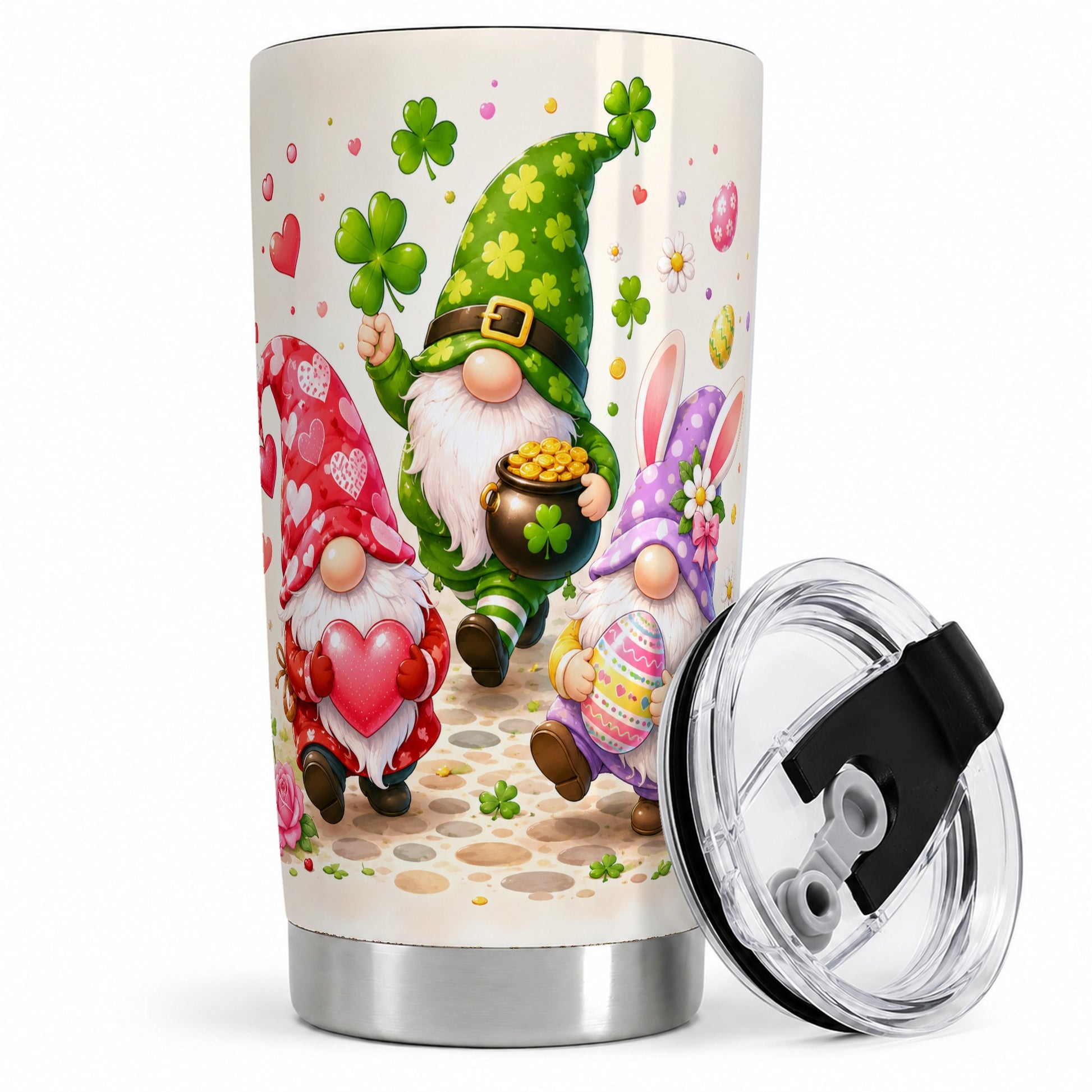 Seasonal Gnomes 20oz Tumbler, Hearts Shamrocks Bunny Seasonal Artwork