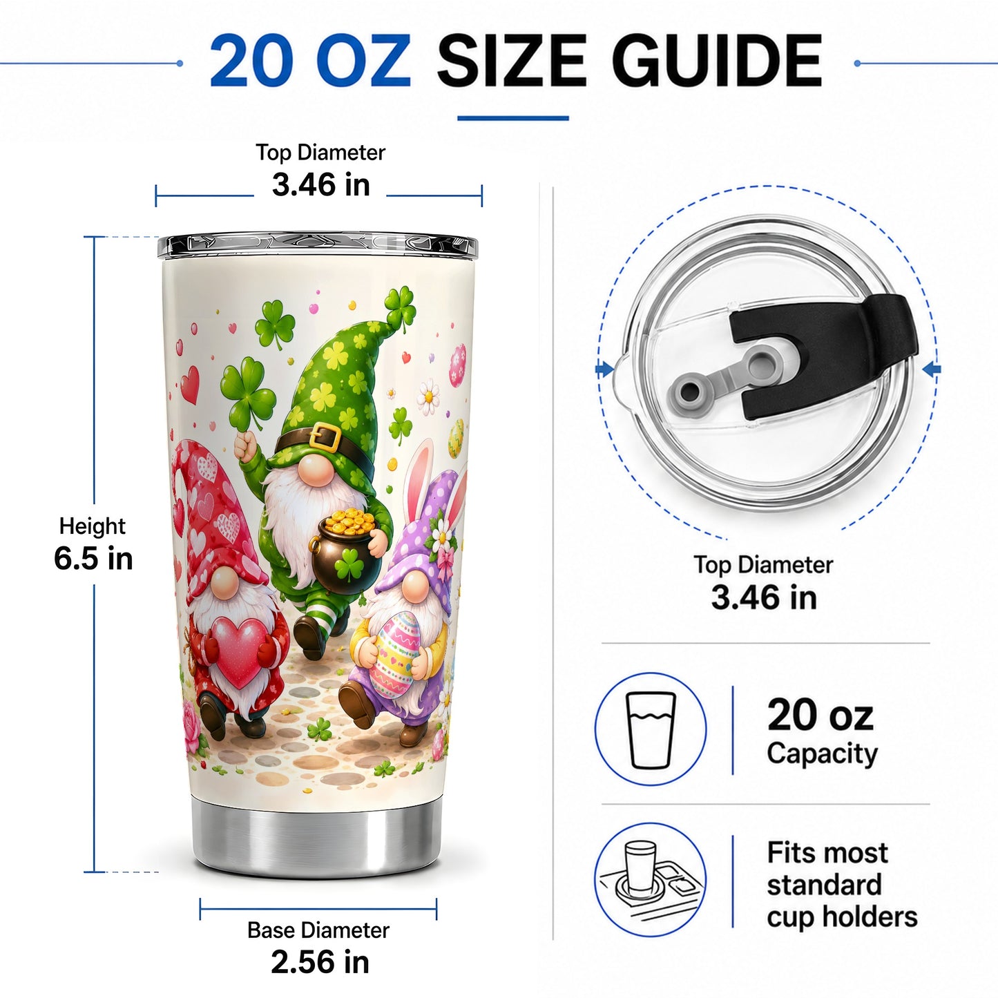 #pl[20oz|Steel] Seasonal Gnomes 20oz Tumbler, Hearts Shamrocks Bunny Seasonal Artwork