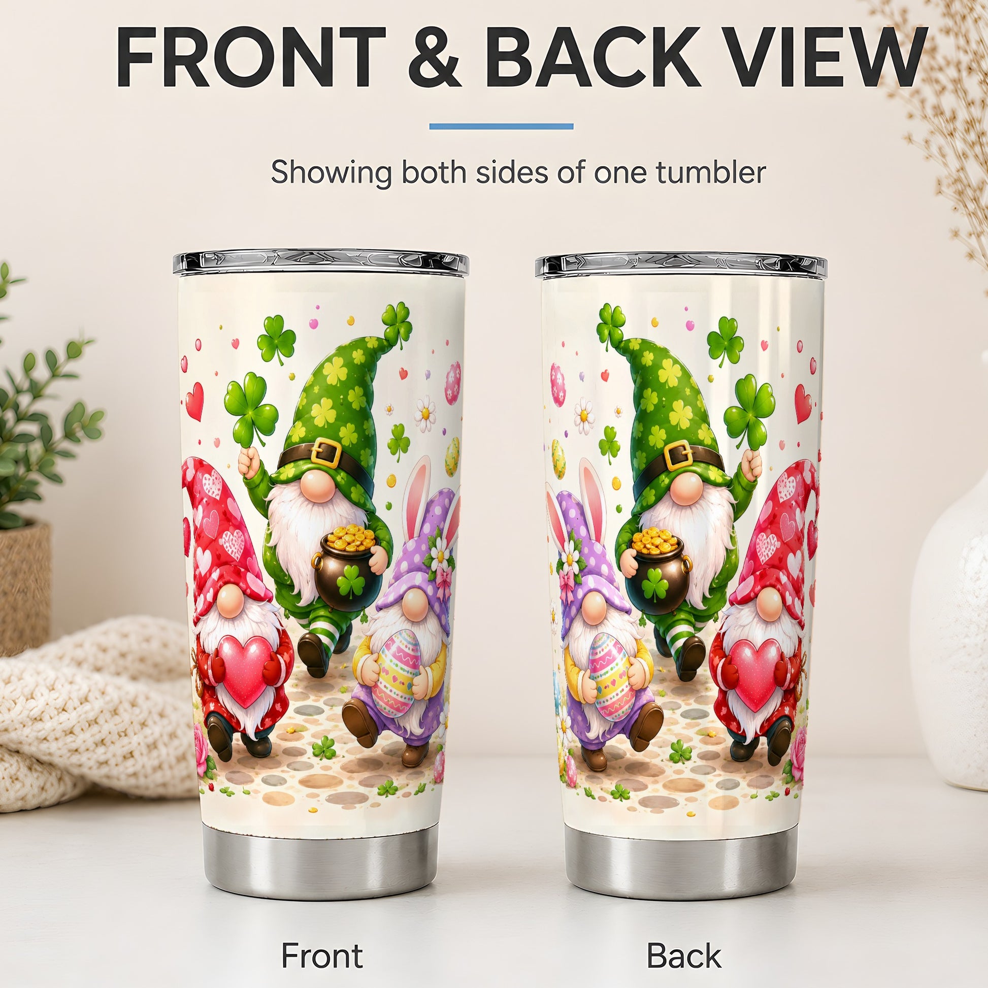 #pl[20oz|Steel] Seasonal Gnomes 20oz Tumbler, Hearts Shamrocks Bunny Seasonal Artwork
