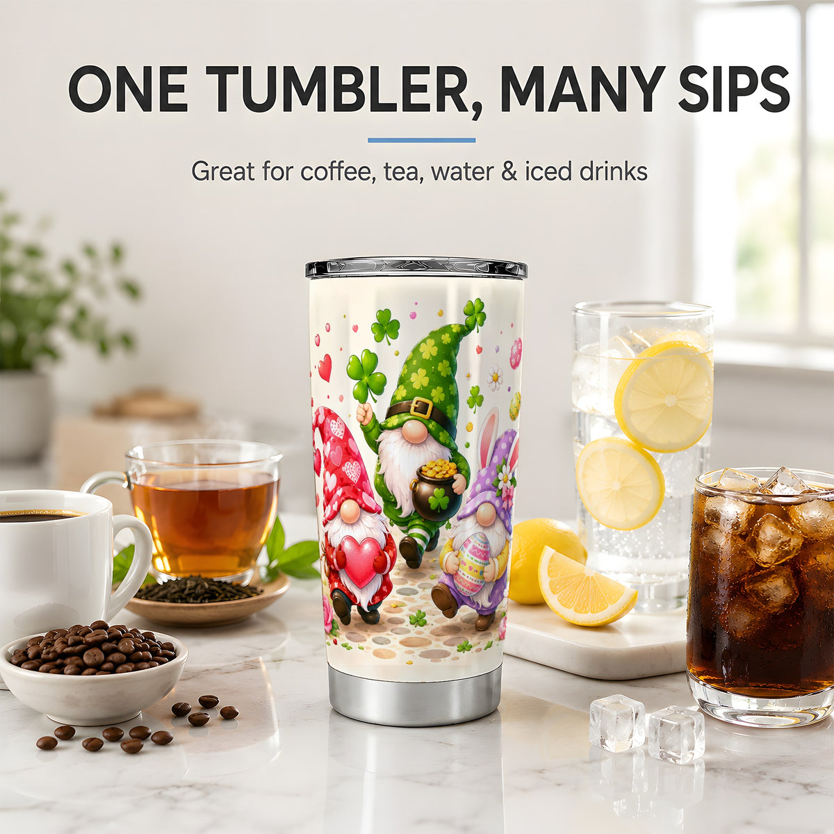 #pl[20oz|Steel] Seasonal Gnomes 20oz Tumbler, Hearts Shamrocks Bunny Seasonal Artwork