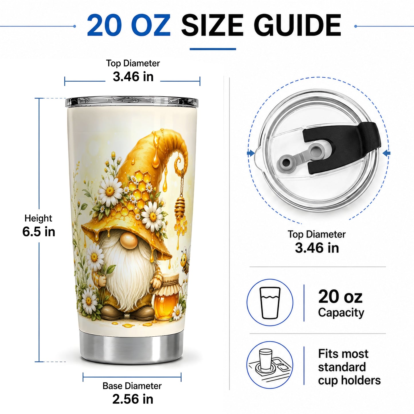 #pl[20oz|Steel] Honey Bee Gnome 20oz Tumbler, Daisy Honeycomb Garden Floral Artwork