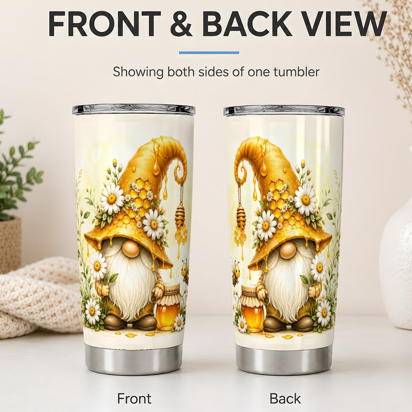 #pl[20oz|Steel] Honey Bee Gnome 20oz Tumbler, Daisy Honeycomb Garden Floral Artwork