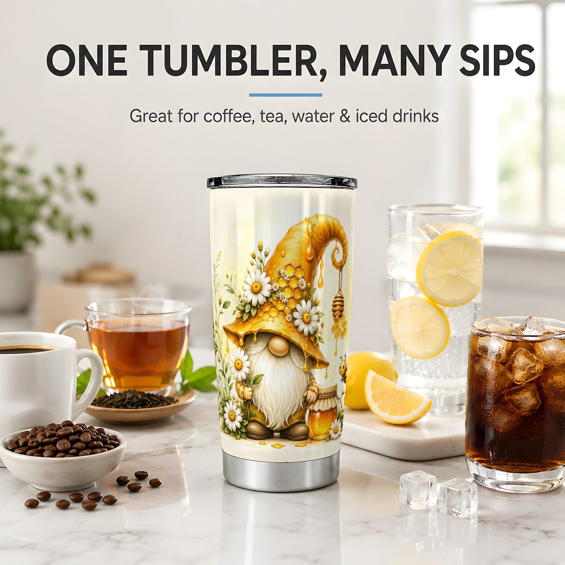 #pl[20oz|Steel] Honey Bee Gnome 20oz Tumbler, Daisy Honeycomb Garden Floral Artwork
