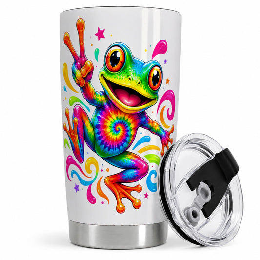 Tie Dye Frog 20oz Tumbler, Rainbow Peace Sign Swirl Colorful Artwork