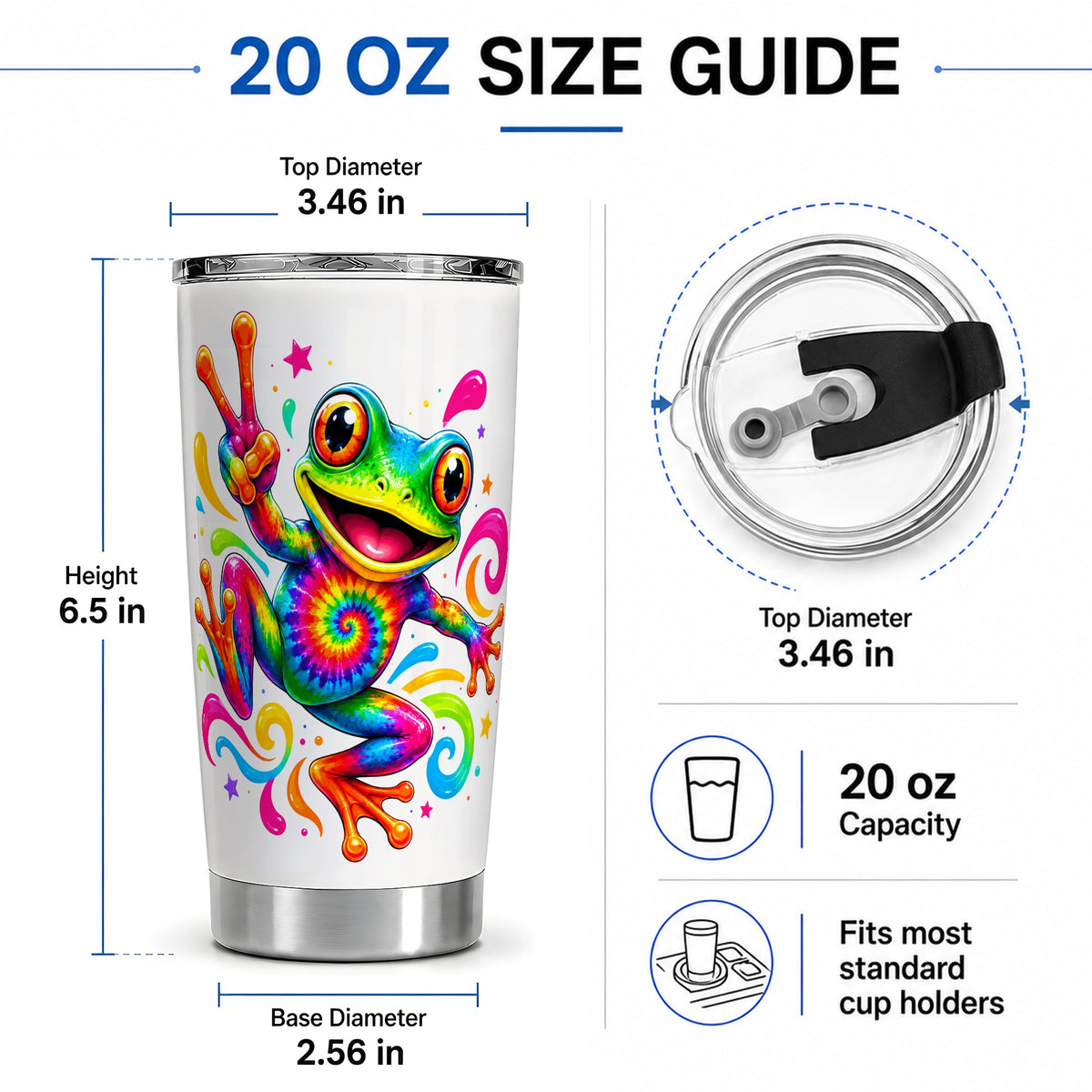#pl[20oz|Steel] Tie Dye Frog 20oz Tumbler, Rainbow Peace Sign Swirl Colorful Artwork
