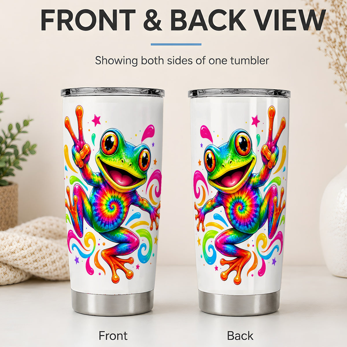 #pl[20oz|Steel] Tie Dye Frog 20oz Tumbler, Rainbow Peace Sign Swirl Colorful Artwork