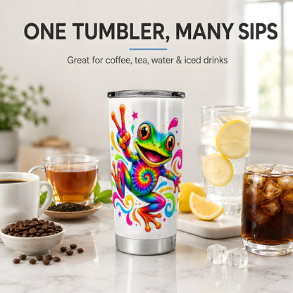#pl[20oz|Steel] Tie Dye Frog 20oz Tumbler, Rainbow Peace Sign Swirl Colorful Artwork