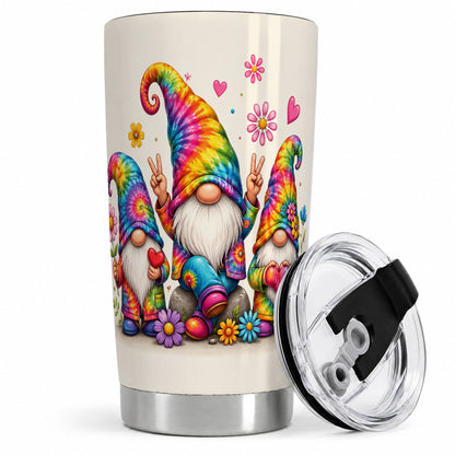 Tie Dye Gnomes 20oz Tumbler, Peace Hearts Colorful Floral Artwork