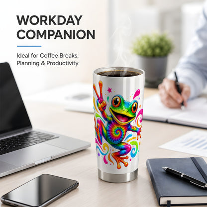 #pl[20oz|Steel] Tie Dye Frog 20oz Tumbler, Rainbow Peace Sign Swirl Colorful Artwork