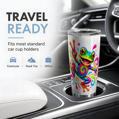#pl[20oz|Steel] Tie Dye Frog 20oz Tumbler, Rainbow Peace Sign Swirl Colorful Artwork
