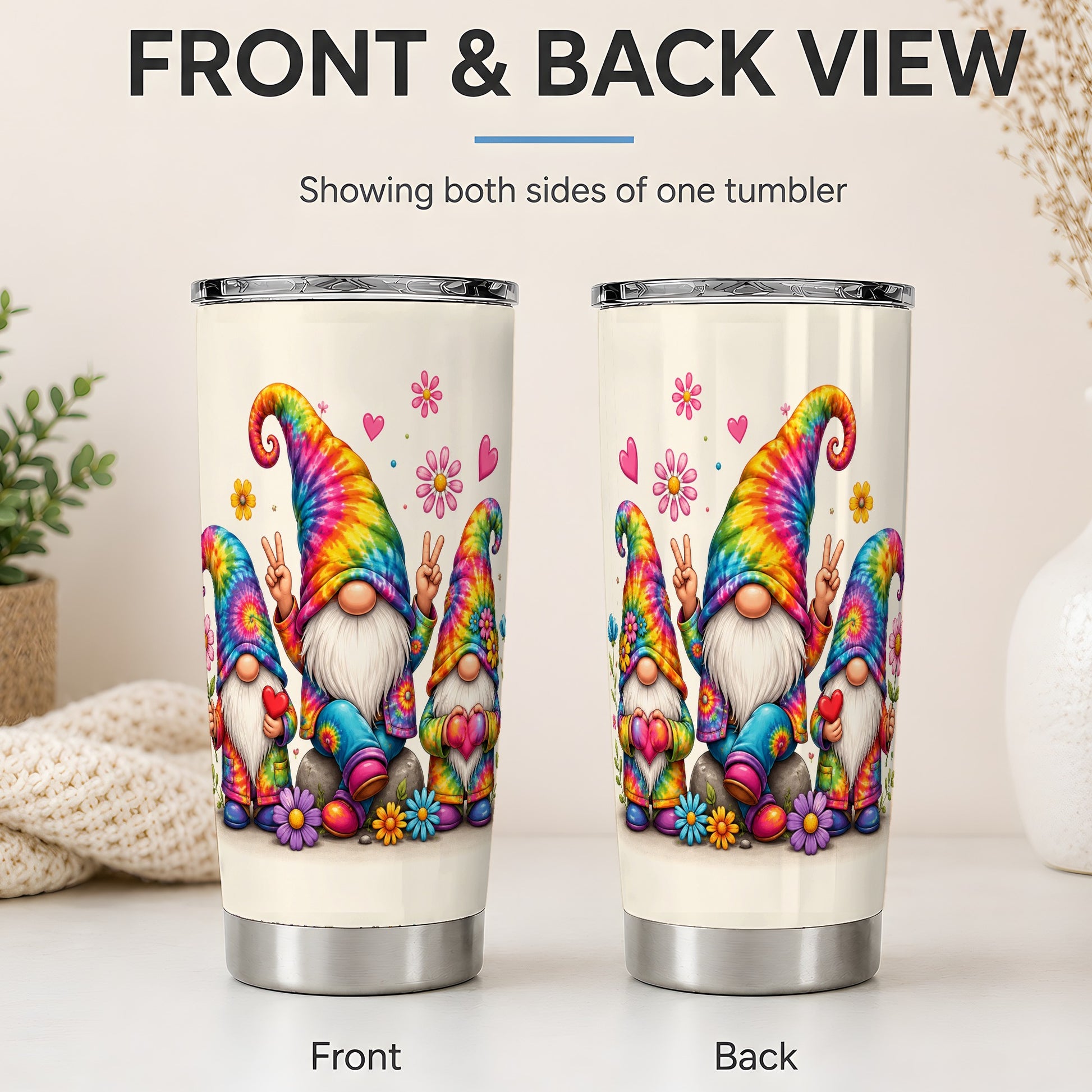 #pl[20oz|Steel] Tie Dye Gnomes 20oz Tumbler, Peace Hearts Colorful Floral Artwork