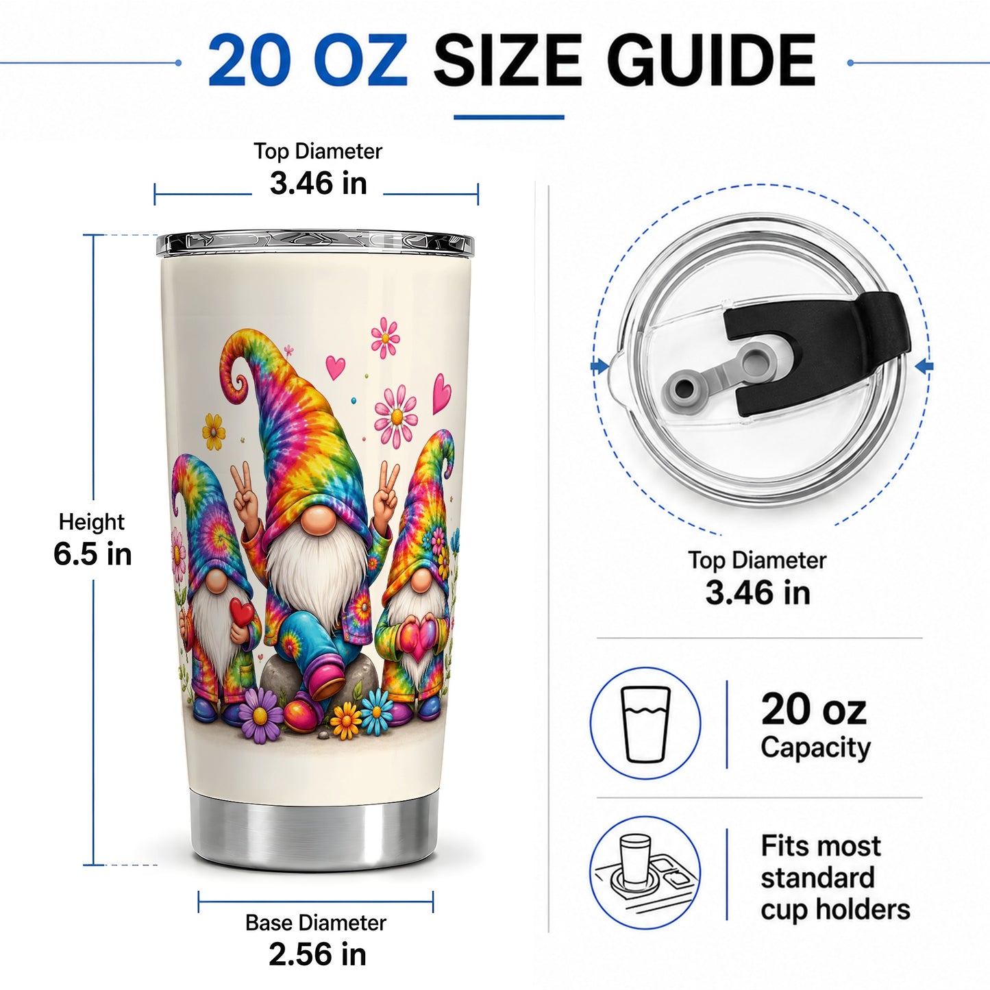 #pl[20oz|Steel] Tie Dye Gnomes 20oz Tumbler, Peace Hearts Colorful Floral Artwork