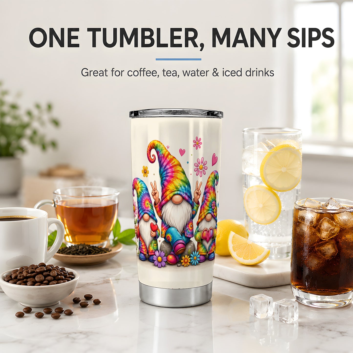 #pl[20oz|Steel] Tie Dye Gnomes 20oz Tumbler, Peace Hearts Colorful Floral Artwork