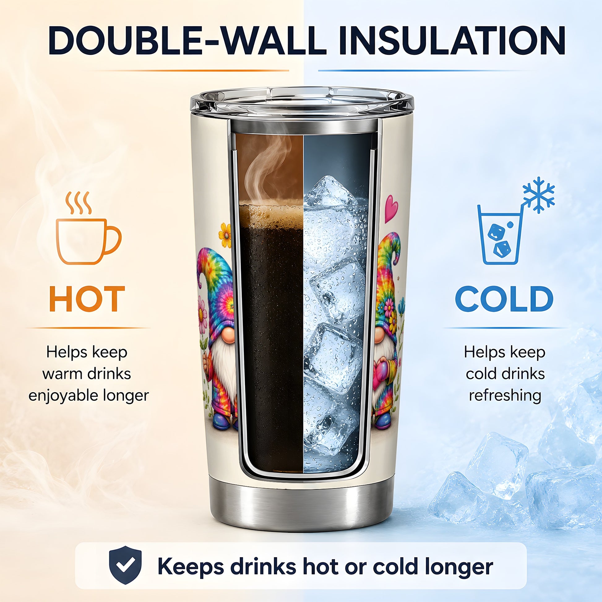 #pl[20oz|Steel] Tie Dye Gnomes 20oz Tumbler, Peace Hearts Colorful Floral Artwork